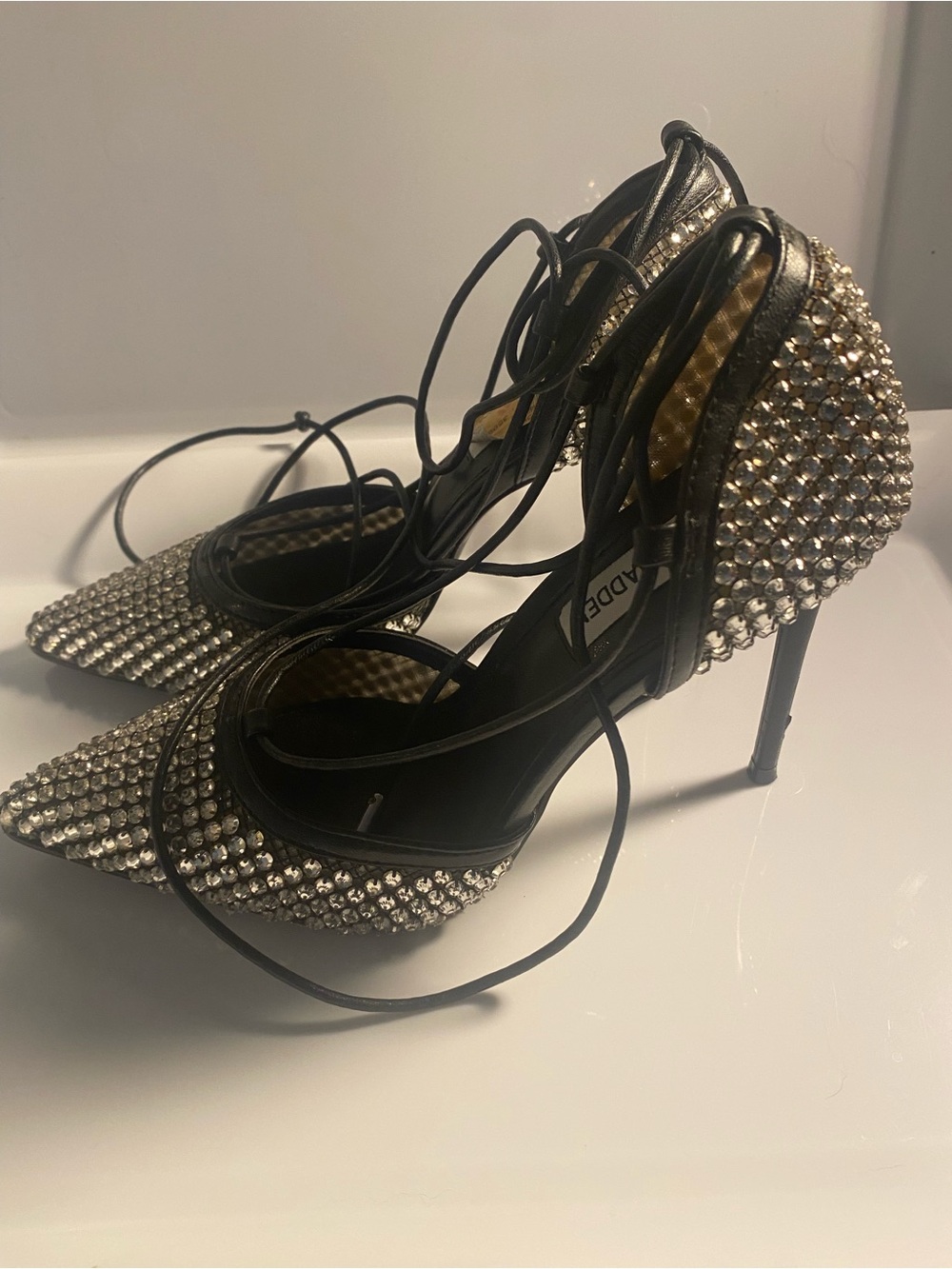 Steve Madden Black Pointed Stiletto Heels with Silver Crystal Embellishment